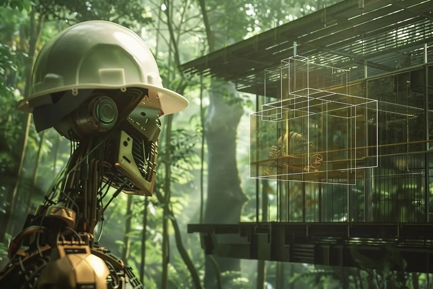 Сцена с футуристическим роботом, используемым в строительной индустрии.