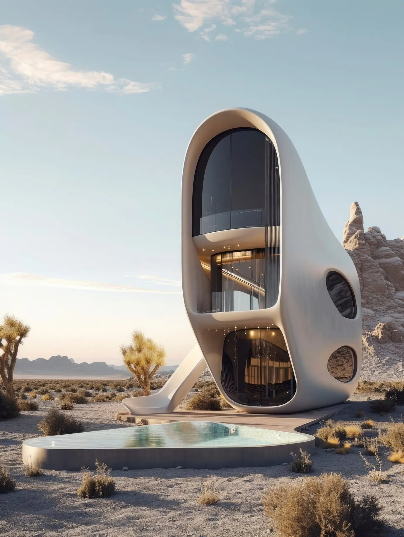 Футуристическое здание, органично сливающееся с пустынным ландшафтом