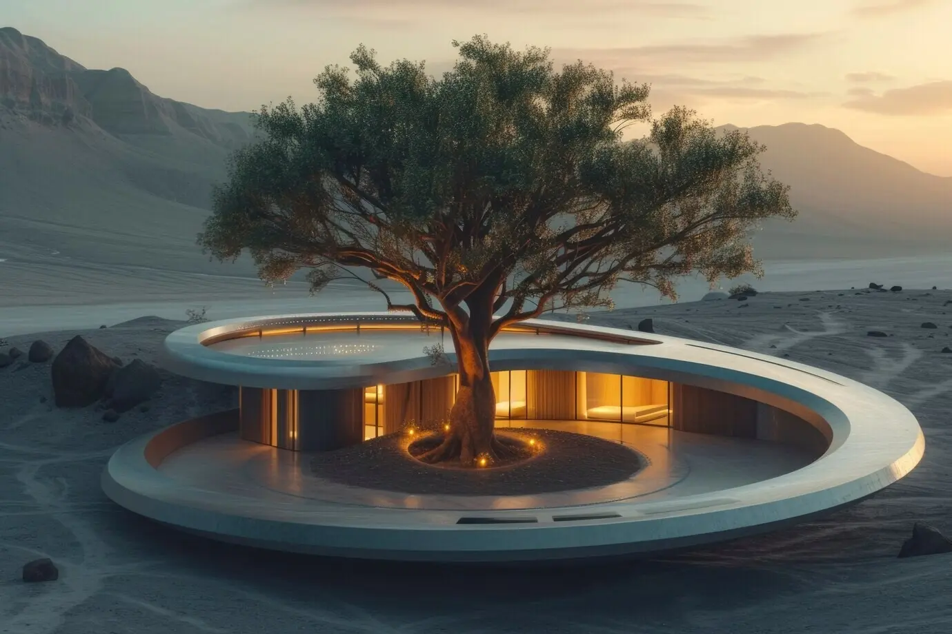 Гармоничное вписывание футуристического здания в пустынный ландшафт