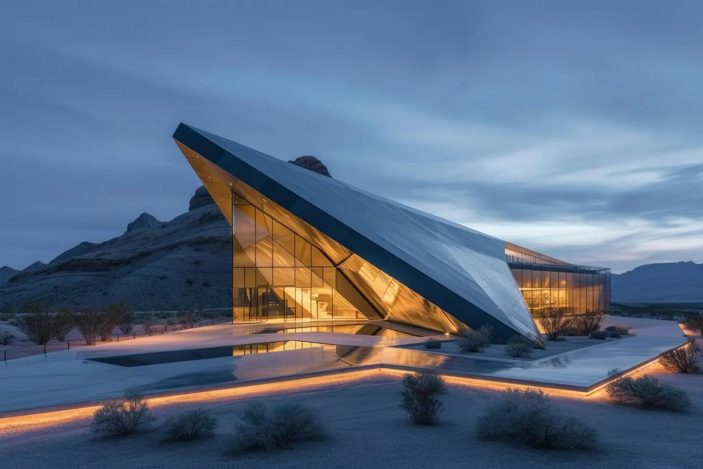 Футуристическое здание, органично вписывающееся в пустынный ландшафт.